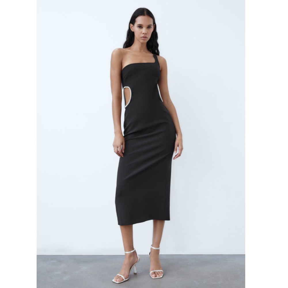 Size M or XXL | Zara | Asymmetrical Rhinestone Cut-Out Midi Dress One-Shoulder - Picture 10 of 12